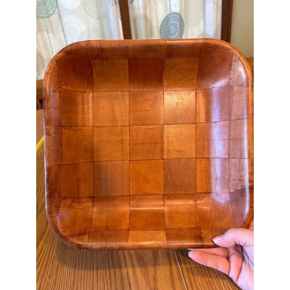 Vintage 1970s Bamboo Serving Bowl  platter Parquet Woven Wood Square 11” salad